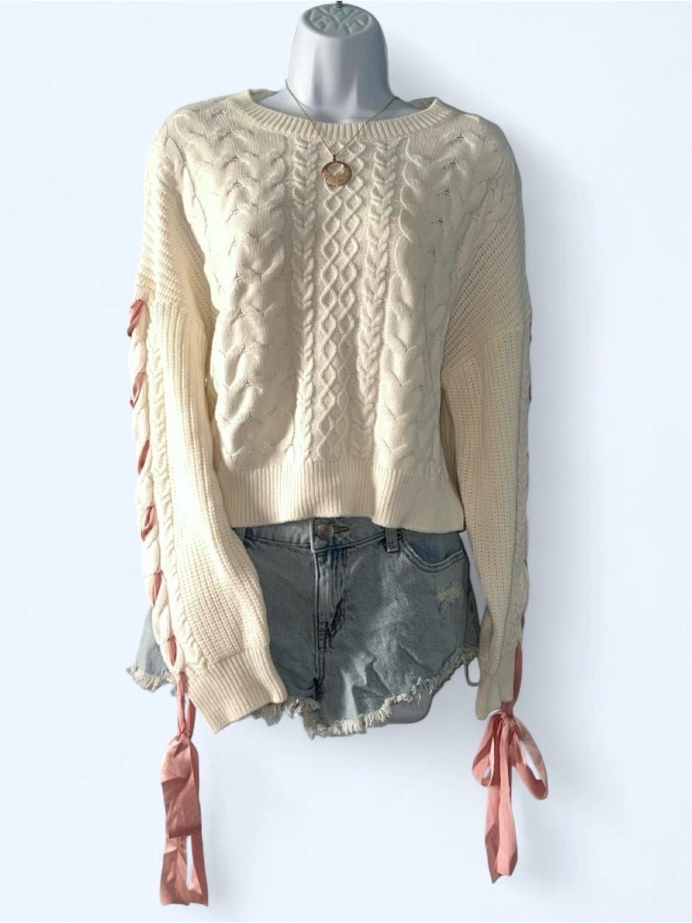 Altar'd State Cream Cable Knit Sweater with Pink Ribbon Sleeve Ties